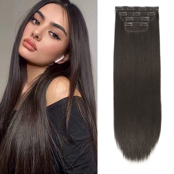 FENTISAR Clip in Hair Extensions 4PCS Clip in Long Straight Dark Brown Hair Extensions 20Inch Synthetic Fiber Double Weft Thick Hairpiecesn For Women Daily Wear