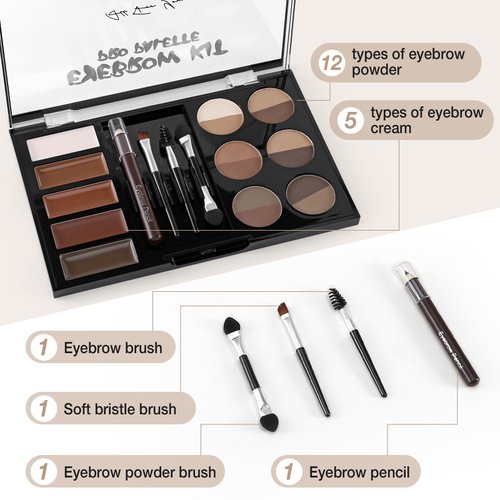 Apooliy Eyebrow Powder Palette Set, 12 Colors of Eyebrow Powder, 5 Colors of Eyebrow Mascara, 4 Eyebrow Stencils, Eyebrow Brush and Pencil, Volumizing Eyebrow Gel to Creates Natural Brows