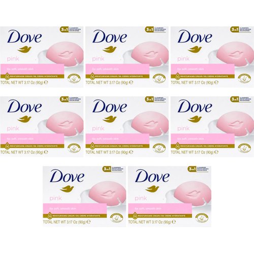 BASICOS Dove Beauty Bar Soap for Washing Hands and Body, Mild for Skin, Bulk Pack of 8 Bars- 3.15 Ouce Each. Plus 1 Loofah Sponge Pad (Pink)