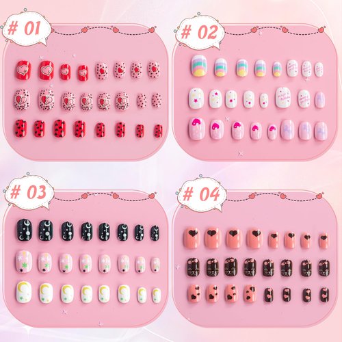 krofaue Press on Nails for Kids - 96pcs 4 Pack Children Fake Nails Kids Girls Stick on Nails for Kids Full Cover Cute Pre-Glue Acrylic Fake Fingernails Kits Sets Little Girls Short Nail Decoration
