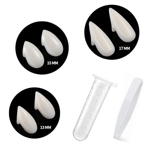 3 Pack Vampire Fangs Fake Teeth with Adhesive Tooth Kits, Halloween Cosplay Accessories Party Prop Decoration in 3 Sizes for Kids and Adults