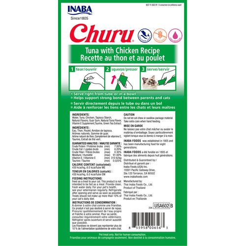 INABA Churu Lickable Purée Natural Cat Treats (Tuna with Chicken Recipe, 4 Tubes)