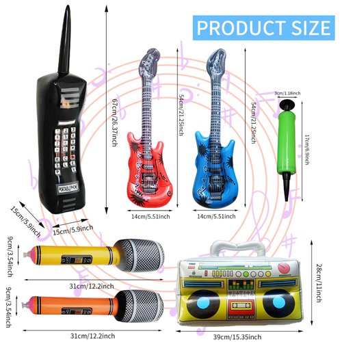 80s 90s Party Decorations,Inflatable Radio Retro Inflatable Fake Phone Rock Inflatable Guitar Inflatable Microphone Props Set with 1 Hand Pump, Hip Hop Party, Christmas Birthday Party Supplies (7pcs)