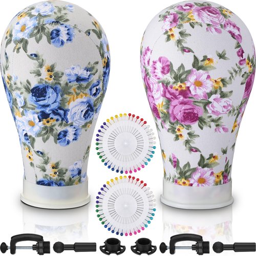 DoubleFill 2 Pieces Mannequin Head for Wigs 22 Inch Canvas Wig Head Canvas Block Head Hair Extension Wig Heads with Mount Hole Pins 2 C Clamp Stand Holder for Lace Wig Making Display Styling(Floral)