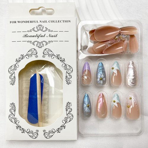 Stiletto Press on Nails Medium Almond Fake Nails French Tip False Nails with Designs 3D Butterfly Flowers Pearls Glue on Nails Full Cover Glossy Acrylic Stick on Nails for Women Girls 24Pcs