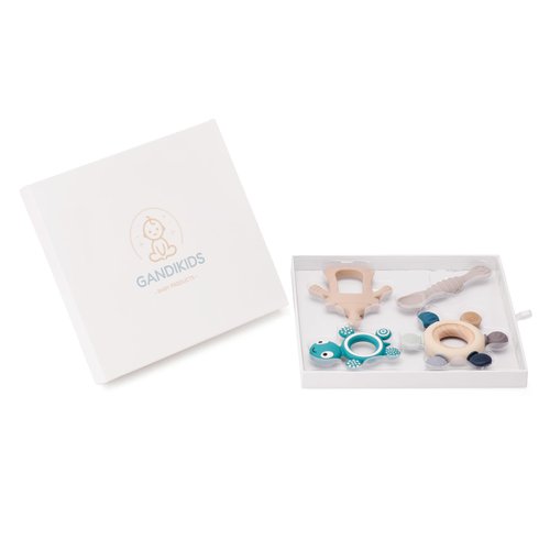 Baby Silicone Teething Ring Teether Gift Set for Boys and Girls Over 3 Months Soothes Gums Fits Small Hands Ergonomic Design Set of 4 Toys Ideal Gift Box BPA Free