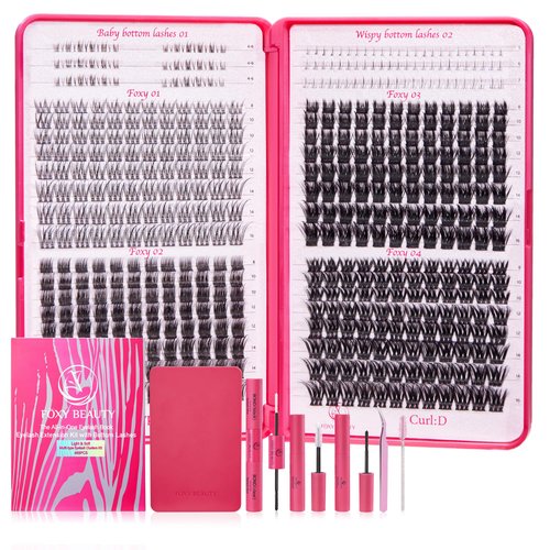 Lash Clusters Kit with Bottom Lashes, Lash Extension Kit With 4 Type Upper Wispy Lash Clusters & 2 Type Bottom Lash Clusters,EyeLash Extension Kit Black Bond & Clear Bond 2 in 1 By Foxy Beauty lashes