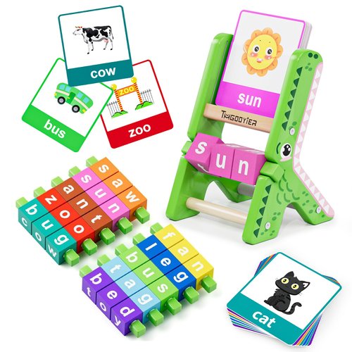 Tmgooyier Spelling Word Games CVC Sight Words Wooden Reading Blocks Phonics Flash Cards Learning Writing Reading Montessori Toys for Kids Boys Girls