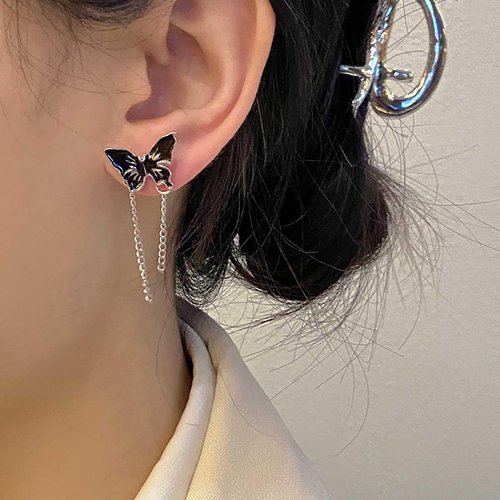 Sttiafay Punk Black Butterfly Drop Earrings Acrylic Butterfly Tassel Chain Earrings Silver Long Butterfly Earrings Black Butterfly Stud Earrings Jewelry for Women