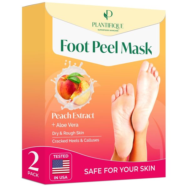 PLANTIFIQUE Foot Peeling Mask (2 Pairs) - Peeling Foot Mask Dermatologically Tested Repairs Heels & Removes Dry Dead Skin for Baby Soft Feet - Exfoliating Foot Peel Mask for Dry Cracked Feet (Peach)