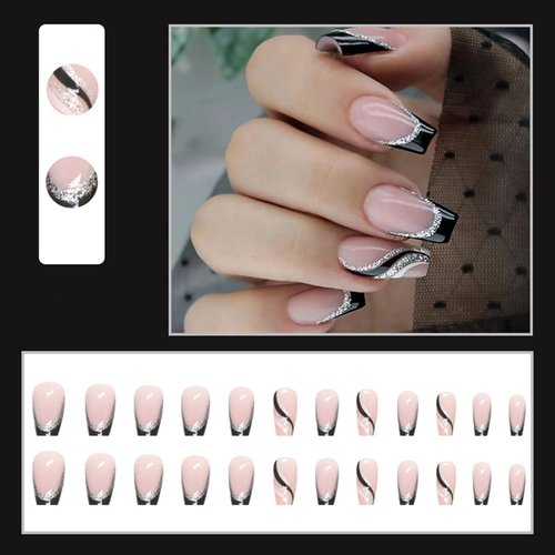Black French Tip Press on Nails Medium Length Square Fake Nails with Silver Glitter Line Designs Glossy Coffin Nails Full Cover Nail Tips Glue on Nails Artificial Acrylic False Nails for Women 24Pcs