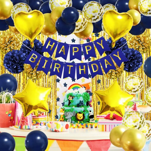 ZERODECO Birthday Party Decorations for Men, Navy Blue Gold Happy Birthday Banner Pompoms Balloon Arch Fringe Curtain Party Décor for Men Boys Women Girls Birthday Party Decorations Kit
