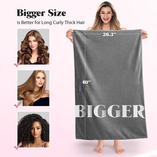 MABAO Microfiber Hair Towel Wrap for Women, Quick Dry Hair Turban Towel with Elastic Band, Microfiber Plopping Towel for Curly Hair, Long & Thick Hair 26.3" X 40" (Gray)