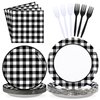 96 Pcs Black and White Gingham Party Supplies 350 GSM Disposable Black and White Buffalo Checked Paper Plates and Napkins Tableware Set for BBQ Picnic Race Car Birthday Party Decorations Serves 24