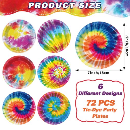 72PCS Tie Dye Plates Birthday Party Supplies Rainbow Tie Dye Party Decorations Colorful Tableware Set 7in Disposable Dessert Paper Plates for 60s 70s Theme Hippie Carnival New Year Holiday Party Favor