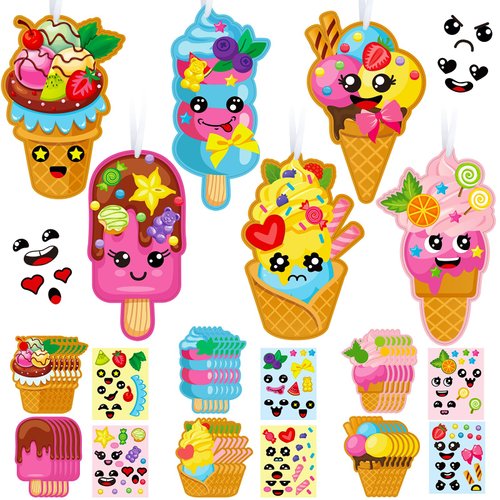 Geyoga 24 Packs Ice Cream Craft Kits for Kids Summer DIY Sweets Sticker Art Craft Set Make Your Own Ice Cream Craft DIY Summer Dessert Ornament Kit for Kids Summer Party Classroom Favors Activities
