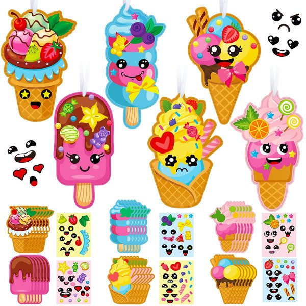 Geyoga 24 Packs Ice Cream Craft Kits for Kids Summer DIY Sweets Sticker Art Craft Set Make Your Own Ice Cream Craft DIY Summer Dessert Ornament Kit for Kids Summer Party Classroom Favors Activities