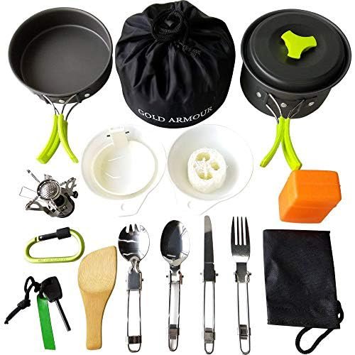 Gold Armour Camping Cookware Mess Kit 17 Pieces Set - Camping Accessories Essentials Kit, Great Camping Gear and Backpacking Gear (Green)