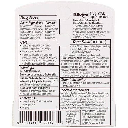 Blistex Five Star Lip Protection Lip Protectant/Sunscreen SPF 30 - Pack of 4