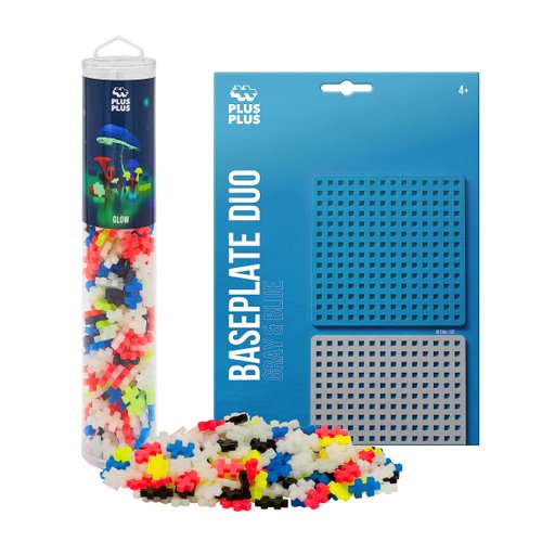 PLUS PLUS 240 Piece Interlocking Building Blocks for Kids, Open Ended Connecting Toys, STEM Bin Mini Manipulatives - Glow Mix Play Tube & Baseplate