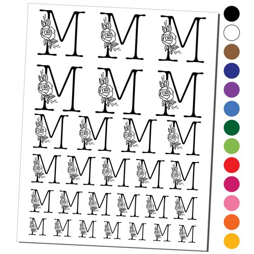 Rose Typewriter Font Capital Letter M Temporary Tattoo Water Resistant Fake Body Art Set Collection - Black (One Sheet)