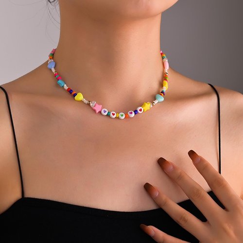 Andelaisi Boho Rainbow Seed Bead Choker Necklace Colorful Seed Bead Necklace Choker Vintage Acrylic Colorful Resin Bead Necklace Chain Minimalist Rice Bead Necklace Jewelry for Women