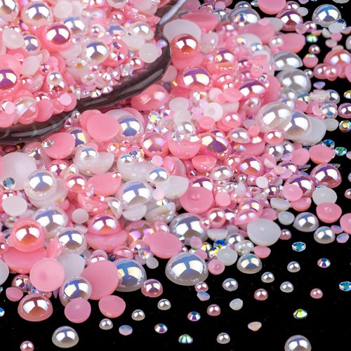BELLEBOOST 50g Flatback Pearls and Rhinestones Set 1-Pink&White, Mixed Size 3-10mm Resin Rhinestones and Half Pearls for Nail Art and Crafts and Decoration with Tweezer and Pickup Pencil