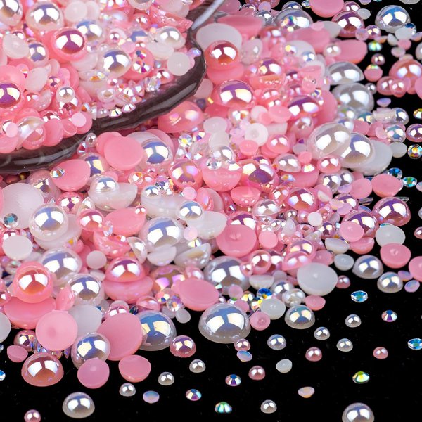 BELLEBOOST 50g Flatback Pearls and Rhinestones Set 1-Pink&White, Mixed Size 3-10mm Resin Rhinestones and Half Pearls for Nail Art and Crafts and Decoration with Tweezer and Pickup Pencil