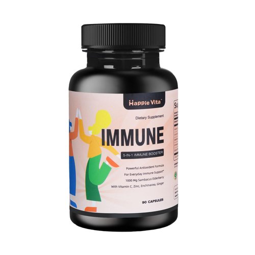 HappieVita 5 in 1 Immune Support Supplement, Daily Immune Boosters for Adults with Sambucus Elderberry Vitamin C and Zinc, Echinacea, Ginger, Powerful Antioxidants Supplement 90 Capsules