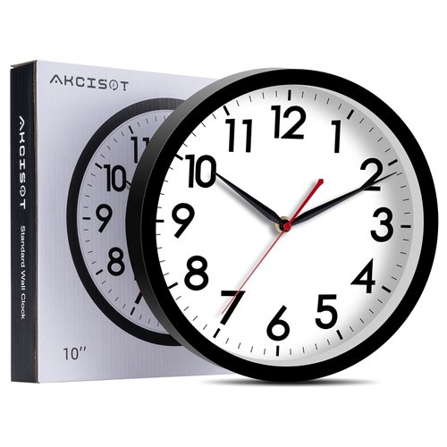 AKCISOT Wall Clock 10 Inch Silent Non-Ticking Modern Clocks Battery Operated - Analog Small Classic for Office, Home, Bathroom, Kitchen, Bedroom, School, Living Room(Black)