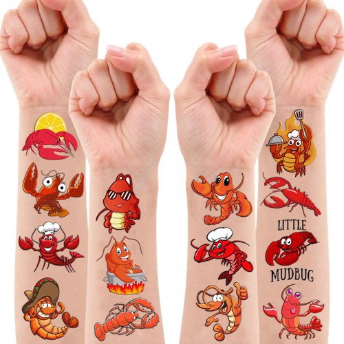 Crawfish Boil Temporary Tattoos Lobster Stickers Themed Birthday Party Supplies Favors Decorations Summer 100PCS Seafood Crayfish Shrimp Tattoo Sticker Gifts For Boys Girls School Prizes Carnival