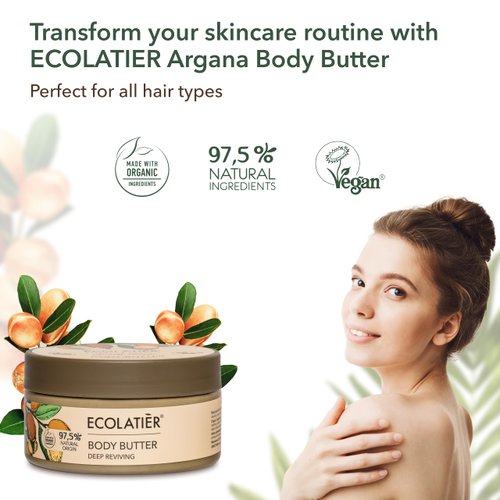 ECOLATIÈR Deep Reviving Body Butter with Organic Argan Oil – Ultra-Hydrating Whipped Body Butter for Women & Men – Nourishing, 97.5% Natural & Vegan – Perfect for Dry Skin, 6.7 Fl Oz