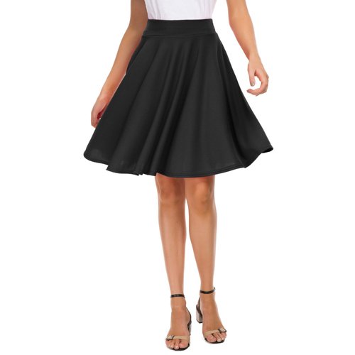 EXCHIC Women's Casual Stretchy Flared Mini Skater Skirt Basic A-Line Pleated Midi Skirt (XL, Black)