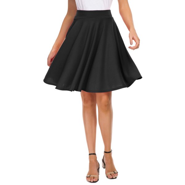 EXCHIC Women's Casual Stretchy Flared Mini Skater Skirt Basic A-Line Pleated Midi Skirt (XL, Black)