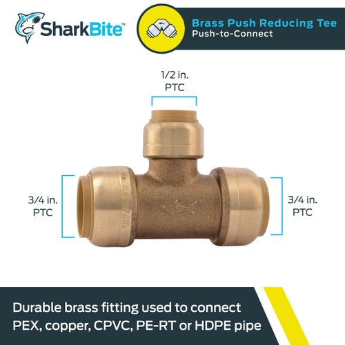 SharkBite 3/4 Inch x 3/4 Inch x 1/2 Inch Reducing Tee, Push To Connect Brass Plumbing Fitting, PEX Pipe, Copper, CPVC, PE-RT, HDPE, U412LFA