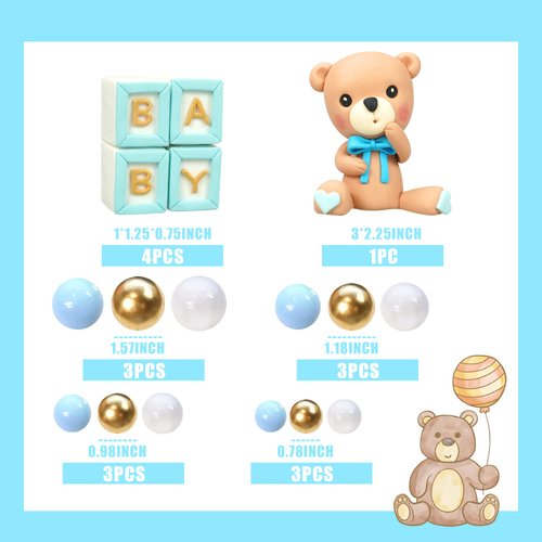 Bear Cake Toppers Mini Bear Cake Decorations Blue BABY Letter Cake Toppers Gold Blue White Pearl Ball For Baby Shower Boy Birthday Party Teddy Bear Theme Party Supplies (Blue Baby)