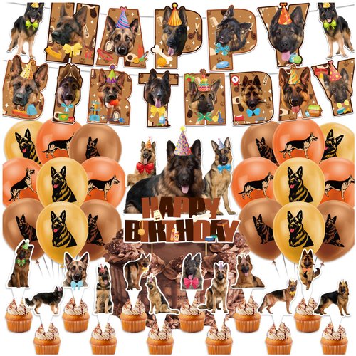 German Shepherd Party Decorations Funny Dog Birthday Party Supplies Includes German Shepherd Birthday Banner, Cake Topper, Cupcake Toppers, Balloons