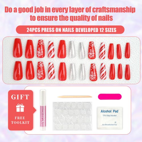 MUZOXEN Christmas Press on Nails Medium Square Snowflake Fake Nails Glossy Red and White Stripes Winter Xmas Design False Nails with Glue Full Cover Artificial Acrylic Nails -24pcs