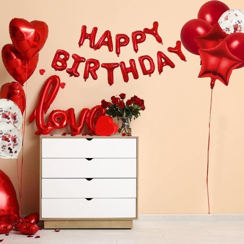 WEIKA 27 Pcs Red Birthday Decorations, 3D Foil Red Happy Birthday Balloon Banner, Pentagram Heart Foil Balloons Confetti Balloons Kit For Boys Girls Birthday Party Supplies