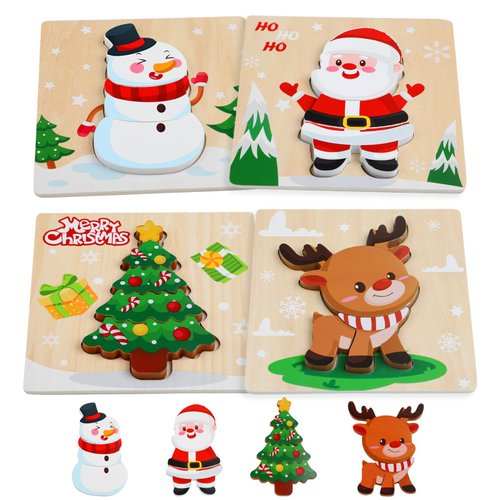 FOIMAS Christmas Wooden Puzzles for Toddler,4 Pack Santa Snowman Reindeer Wooden Puzzle for Kids Christmas Stocking Stuffer Gift Bag Filler Xmas Party Favor Supply