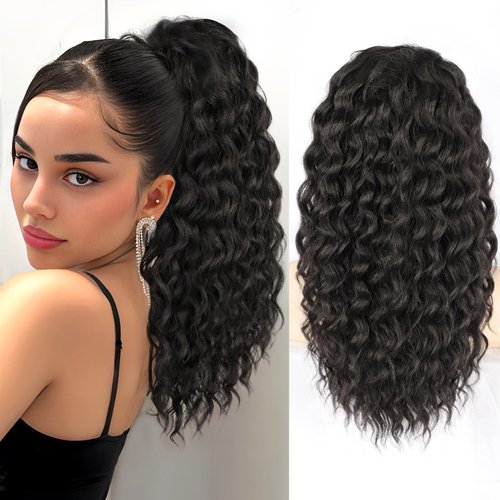 HMD Curly Ponytail Extension Drawstring Ponytail for Black Women Brown Black Curly Clip in Hair Extensions 18 Inch Ponytail Extension Synthetic Hairpiece for Daily Party(4#)
