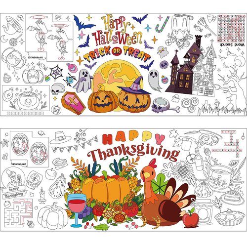 2PCS Halloween Activity Poster ,72x32"Halloween Giant Coloring Poster, Thanksgiving Drawing Paper Coloring Tablecloth Versatile Paper Coloring Banner/Table Cover for School Party Halloween Decoration