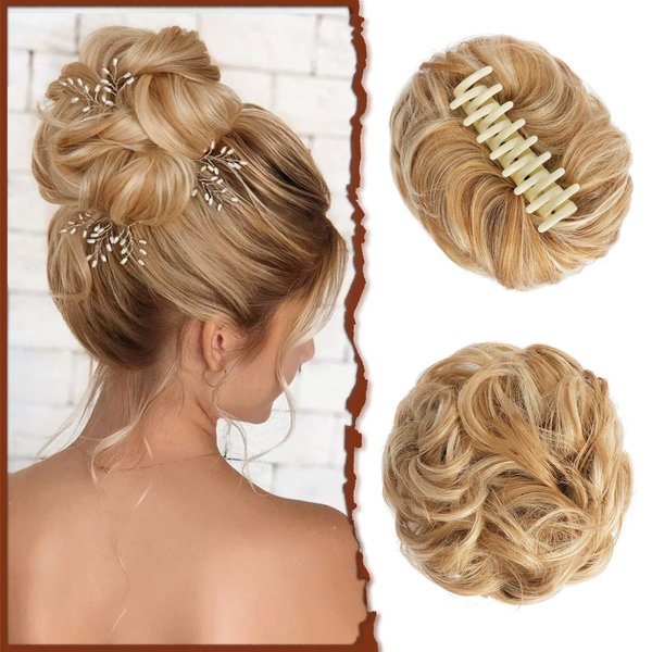 Sofeiyan Claw Clip Messy Bun Hairpieces Wavy Curly Hair Bun Clip in Claw Chignon Ponytail Hairpiece Tousled Updo Hair Extensions Synthetic Scrunchie Hair Piece for Women, Honey Blonde/Platinum Blonde