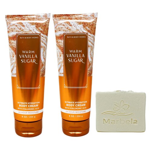 Bath & Body Works Warm Vanilla Sugar 2 Pack Body Cream Gift Set with a Natural Oats Bar Soap - Full Size