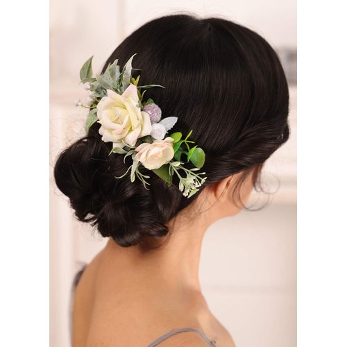 Kercisbeauty Women White Rose Flower Hair Comb Wedding Green Hair Accessories for Brides Bridesmaid Bun Hair Piece