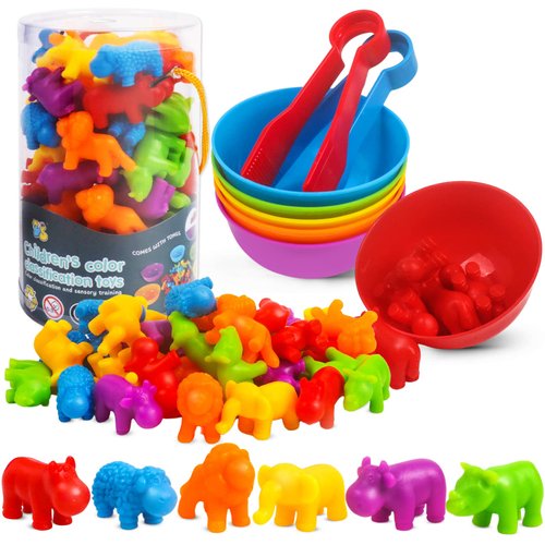 GKDOMS Counting Animals Toys Matching Game with Sorting Bowls Preschool Learning Activities Montessori Sensory Toy for Math Color Sorting, Party Favors Birthday Gifts for Kids Toddlers