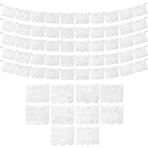White Papel Picado Banner (5 Pack - 10 Plastic Flags per Banner) - White Mexican Banners for Part...