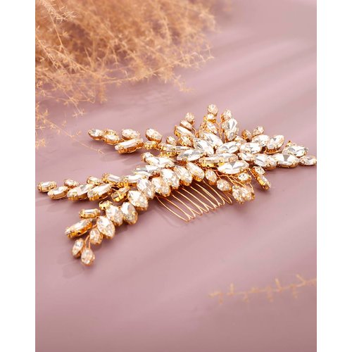 Rumtock Sparkle Rhinestones Beads Gold Hair Comb for Women Girls Wedding Bridal Side Headpiece Jewelry for Special Occasion (Gold)