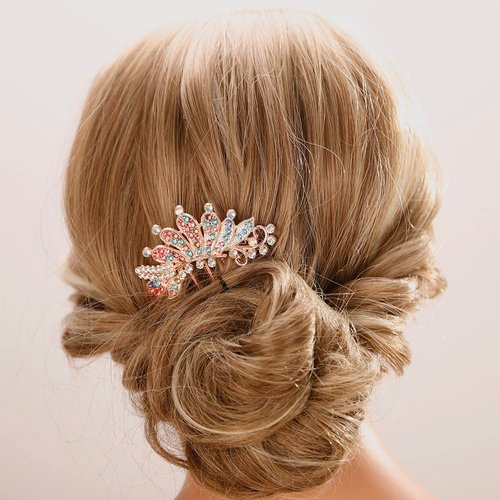 Aimimier Peacock Crystal Hair Side Combs Vintage Rhinestone Long Teeth Hair Clip Pins Decorative Flower Combs Bridal Wedding Hair Accessories for Women and Girls(Colorful)