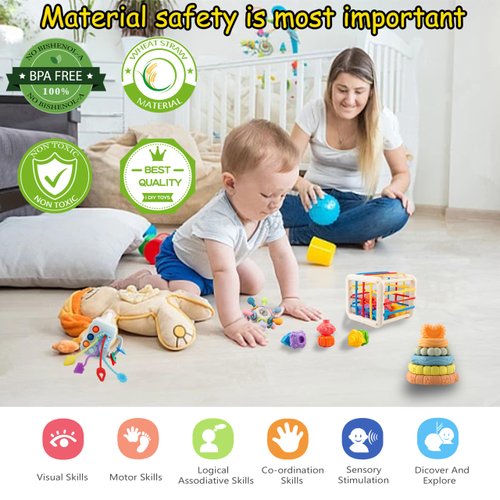 i diy Baby Toys 0-6-12 Months,Montessori Toys for babise 0-6-12-18 Months,Incl Pull String Toy & Shape Sorter & Stacking Baby Block & Manhattan Ball & Baby Blocks，Montessori Baby Toys for 1 + Year